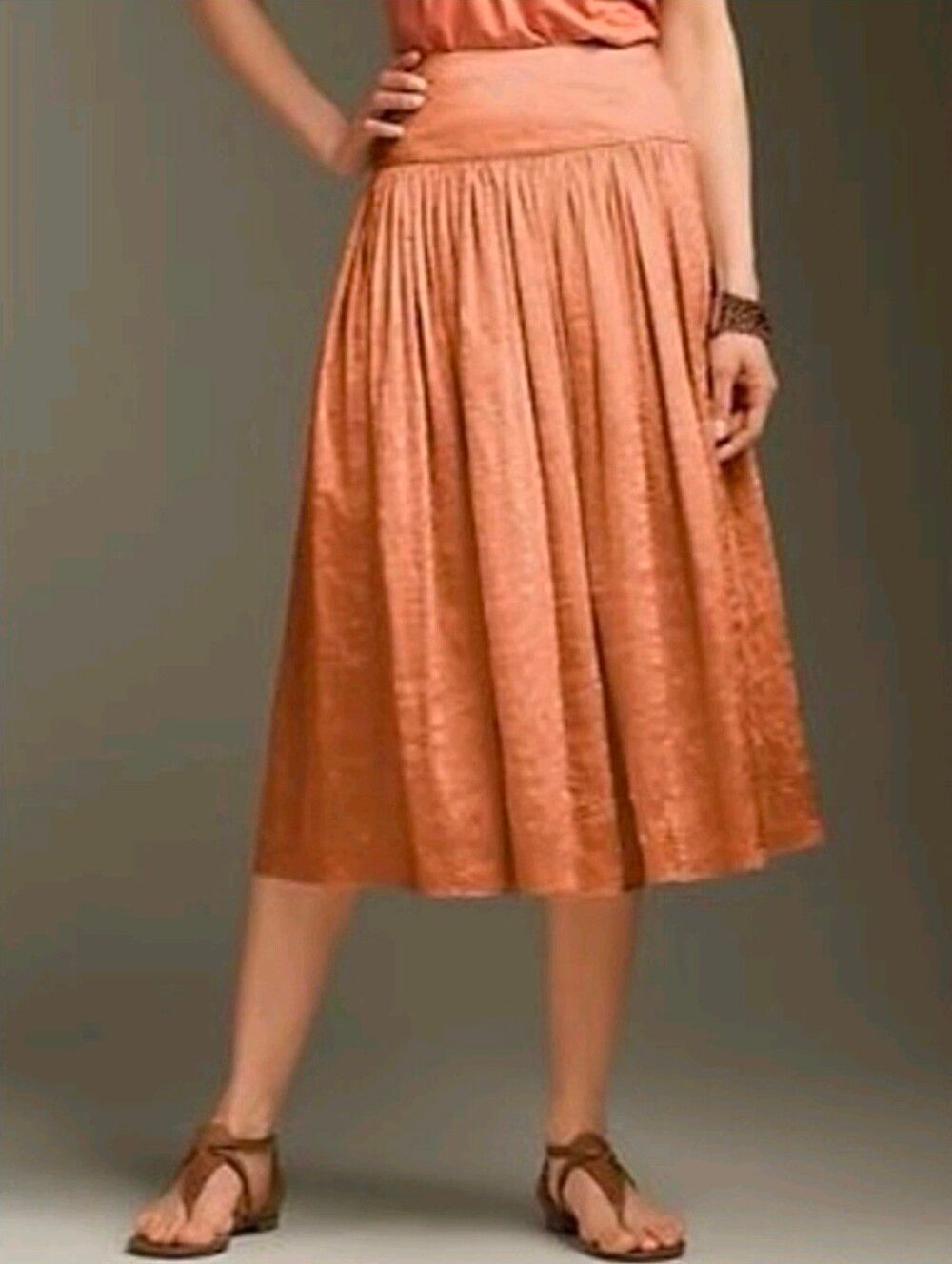 NWT Talbots Crinkle Silk Blend Satin Drop Waist Pleated Midi Skirt in Peach 16